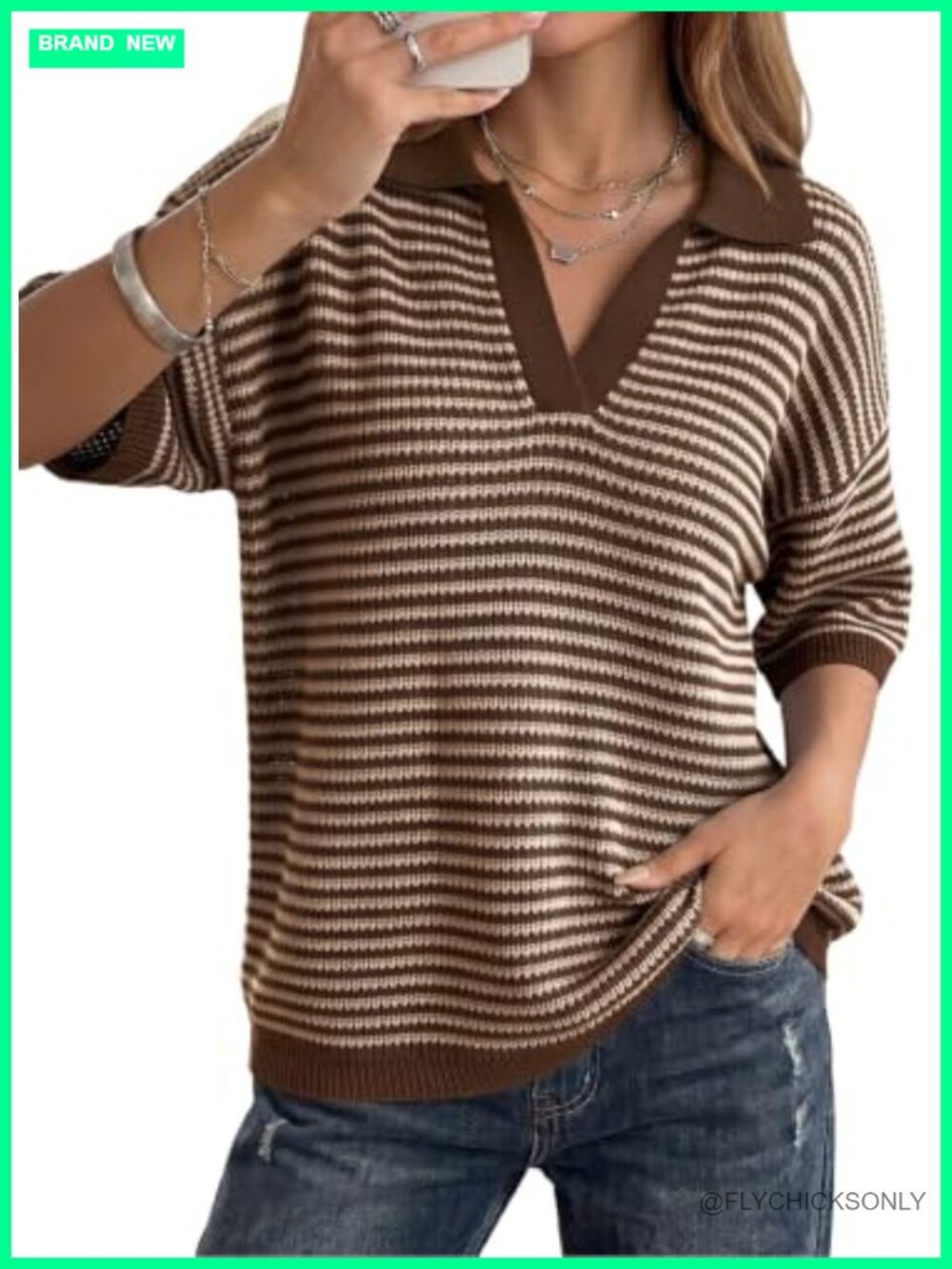 Women's Half Sleeve Striped Knit Sweater Collared V Neck Casual Top